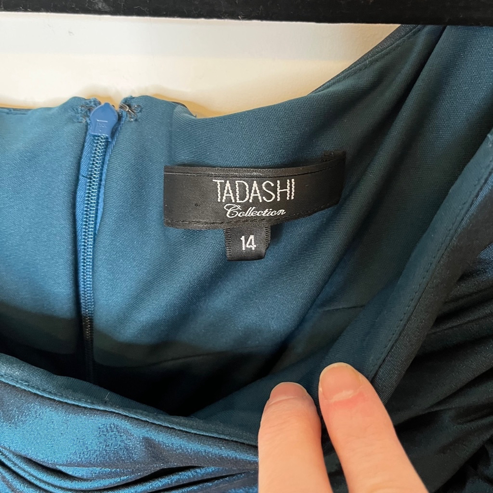 Tadashi Shoji Ruched Sheath Dress Teal Blue Sheen Asymmetrical Cap Sleeve 14 - Picture 9 of 17